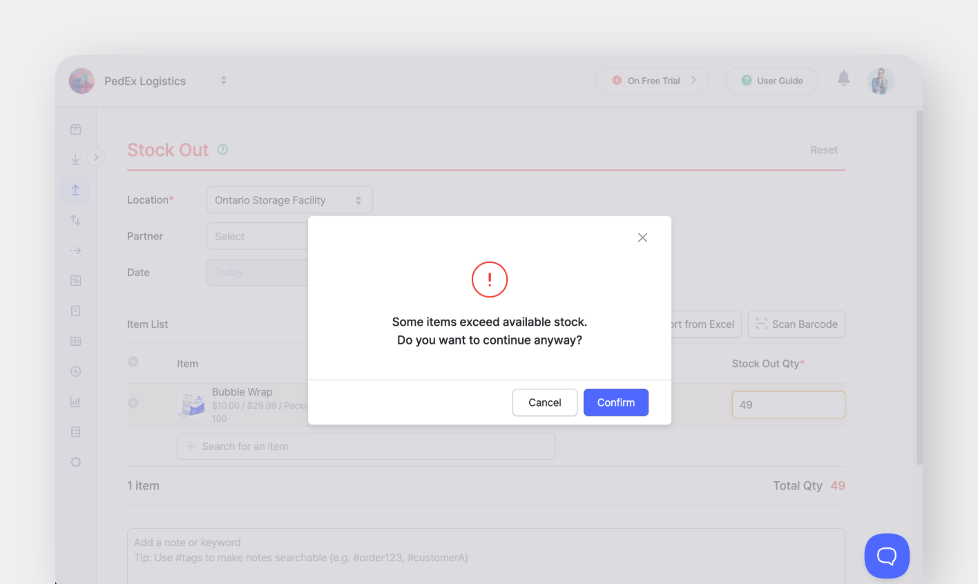 BoxHero Warning Pop-up: Some items exceed available stock quantity